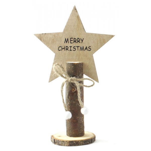 Χριστουγεννιάτικο Ξύλινο Αστέρι σε Κορμό με "Merry Christmas", Καφέ (19cm)